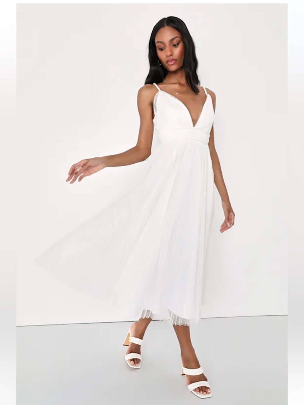 Lulus White Tulle Midi Dress Rope Strap Deep V Neck Fit & Flare Size Small NWT